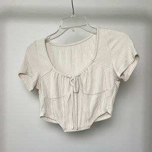Cider Solid Knit Corset Crop Tee, White / Beige, Size Medium